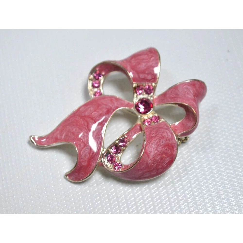 Vintage Ribbon Bow Pink Swirl Enamel Coated‎ Brooch Pink Rhinestones